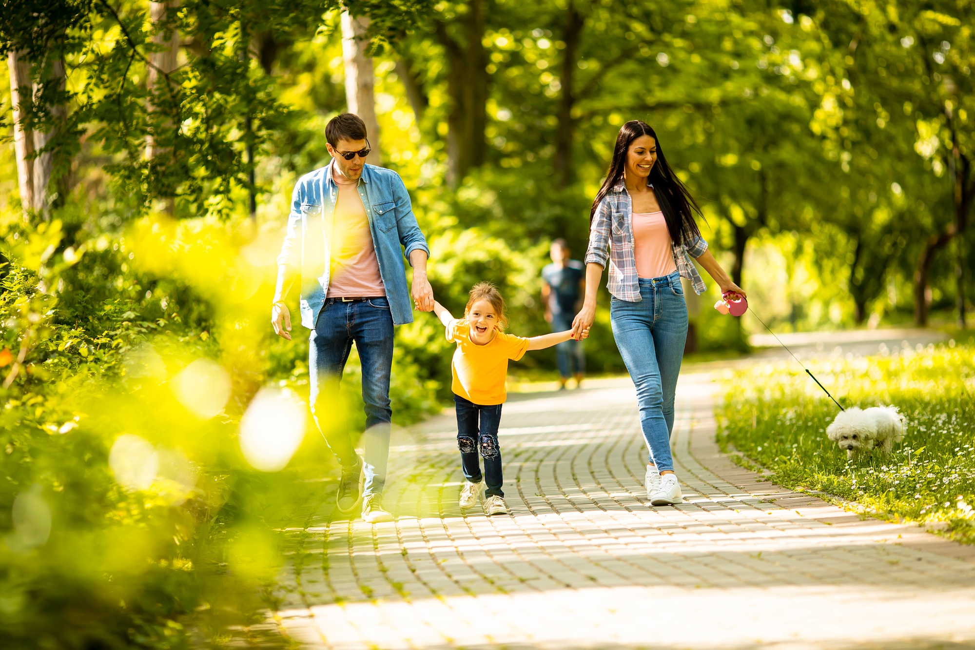 Happy family with cute bichon dog in the park